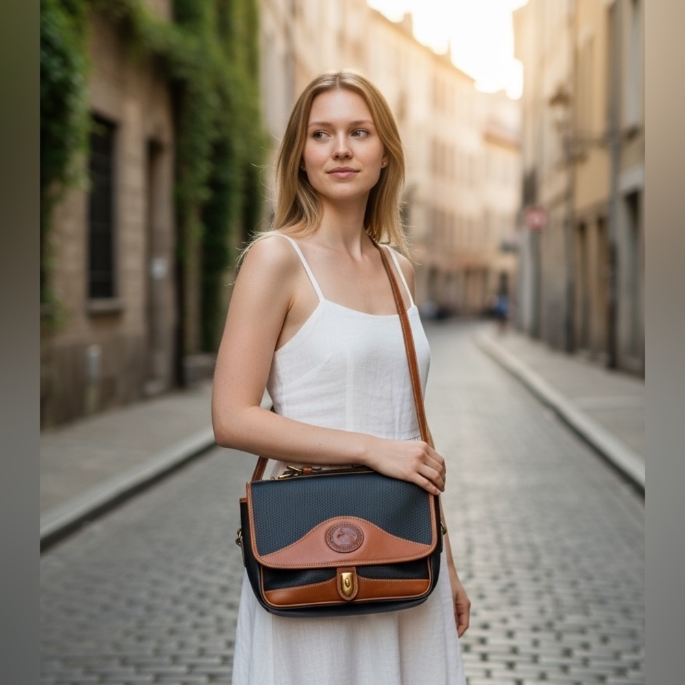 Vintage All Weather Pebbled Leather Dooney & Bourke Deep Navy/Tan Crossbody Bag - Picture 12 of 12